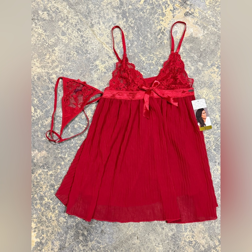 Rachel Roy Women’s L Red Lace & Crepe Babydoll Lingerie Chemise 2 Piece Set NWT